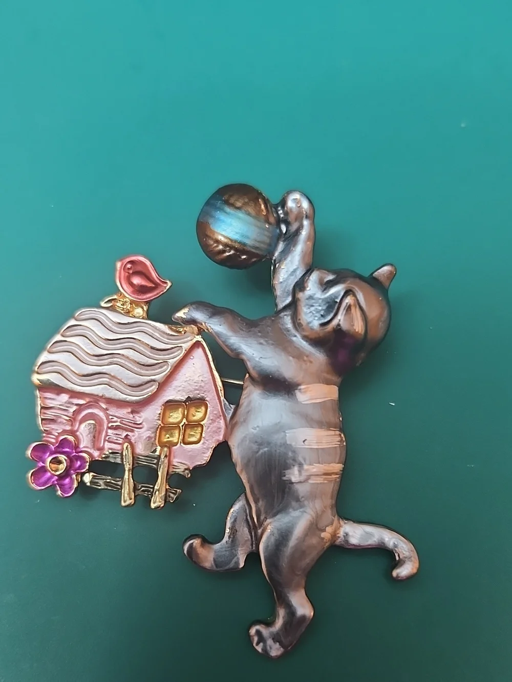 Playful Cat and House Enamel Brooch in Pink and Gold